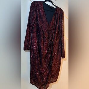 City Chic Burgundy Sequin Long Sleeve Wrap Dress
